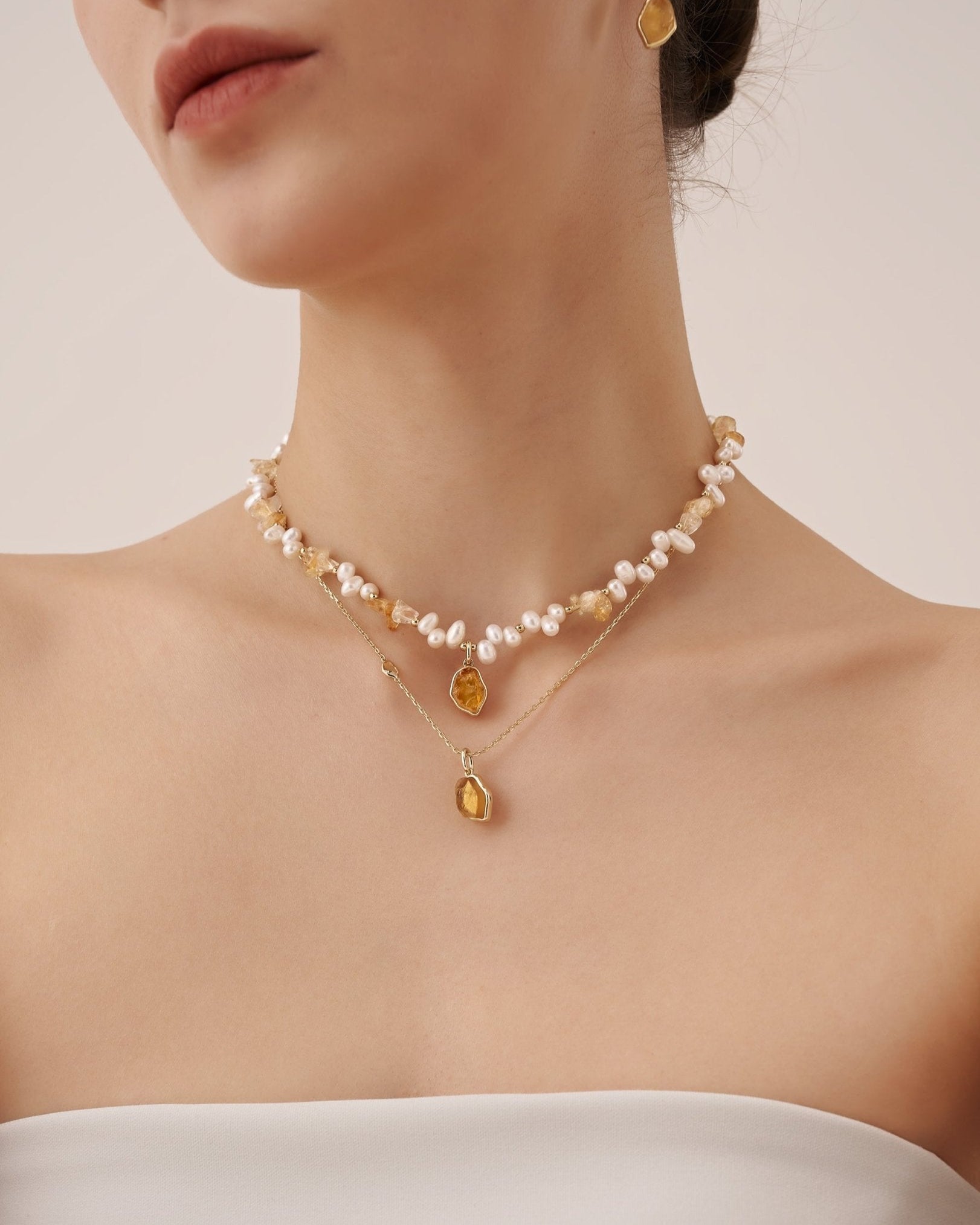 Raw Citrine Pearl Necklace - Amber lollipop