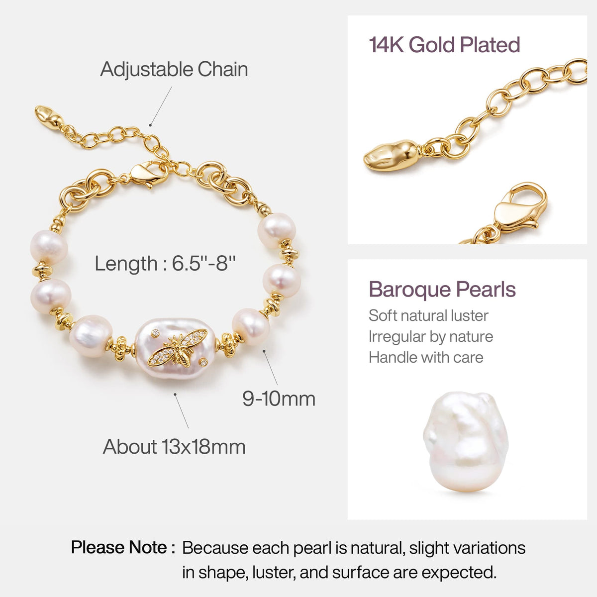 White Baroque Pearl Bee Bracelet AmberLollipop