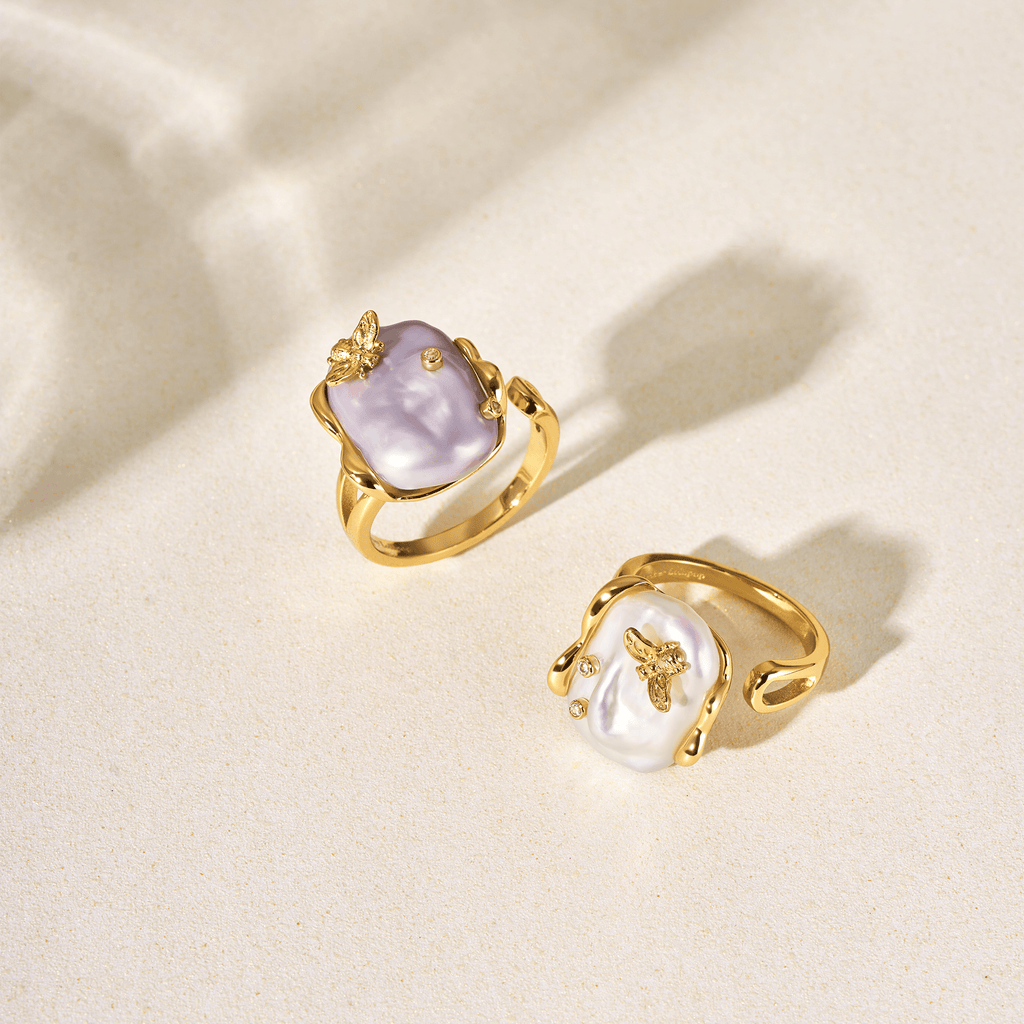 White Baroque Pearl Bee Open Ring AmberLollipop