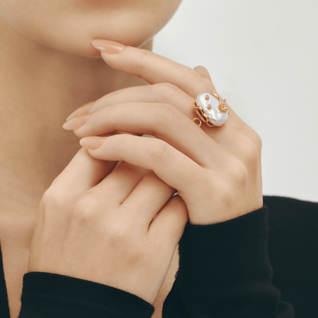 White Baroque Pearl Bee Open Ring AmberLollipop